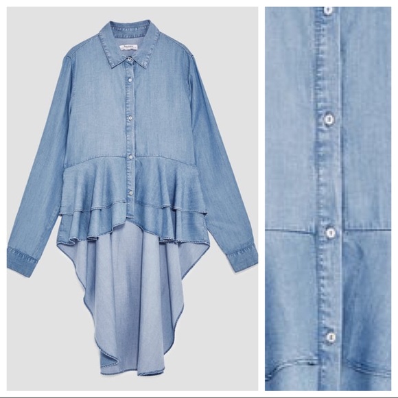 Zara Tops - NWT Zara Blue Washed Denim Longline Shirt Size S